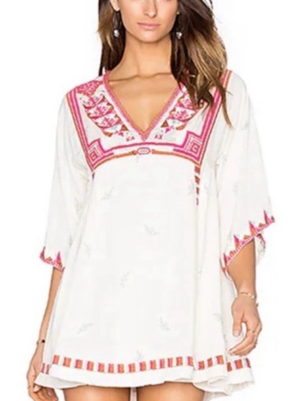 Free People White Mini Dress with Pink & Orange Embroidery